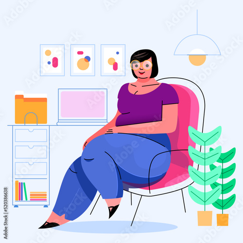 Illustration d'une femme ronde assise sur un fauteuil, un ordinateur est posé sur son bureau de travail, elle porte des lunettes et un pantalon en jean, décoration minimaliste