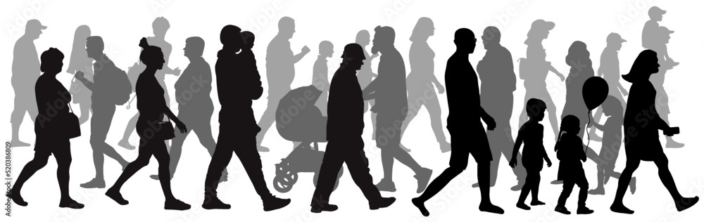 Moving crowd of people, silhouette. Side view. Vector illustration, Moving crowd of people, silhouette. Side view. Vector illustration,