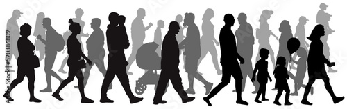 Moving crowd of people, silhouette. Side view. Vector illustration,