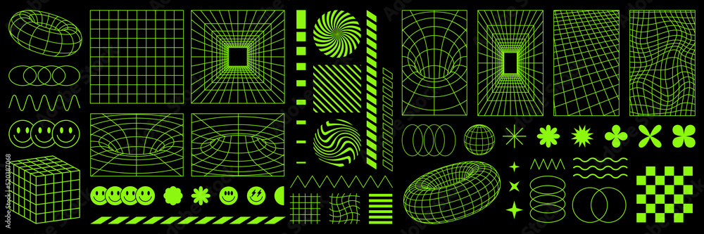 Rave psychedelic retro futuristic set. Surreal geometric shapes, abstract backgrounds and patterns, wireframe, cyberpunk elements and perspective grids. Vector elements and signs in trendy psychedelic - obrazy, fototapety, plakaty 