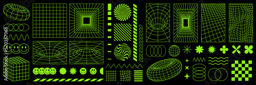 Rave psychedelic retro futuristic set. Surreal geometric shapes, abstract backgrounds and patterns, wireframe, cyberpunk elements and perspective grids. Vector elements and signs in trendy psychedelic photo