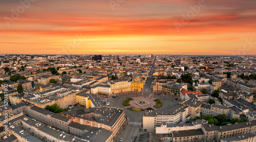 Lodz city during sunset aerial view - Poland photo