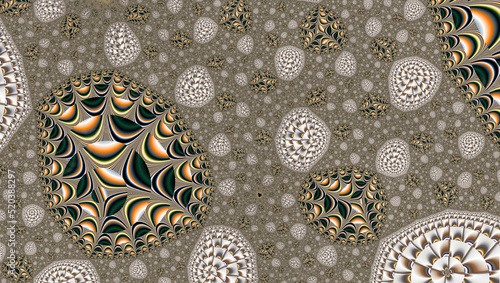 Abstract fractal graphics. Sea urchins and mussel shells on sand. Silver and golden Christmas decorations. Precious Xmas decorations. Stones and diamonds.