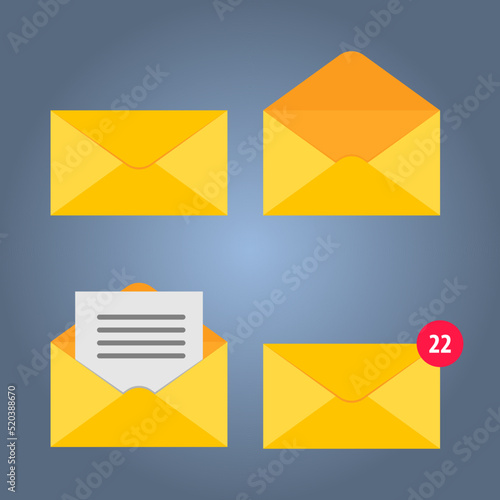 Set of open and closed mail vector envelope in orange color.