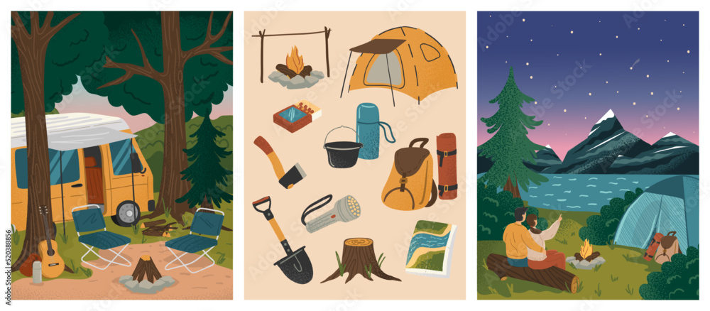 Couple sitting next to camp tent and watching starry night. Summer camp vacation vector posters set. Mountain and forest landscape with tents. Camping equipment. Adventure, nature, campfire Couple sitting next to camp tent and watching starry night. Summer camp vacation vector posters set. Mountain and forest landscape with tents. Camping equipment. Adventure, nature, campfire