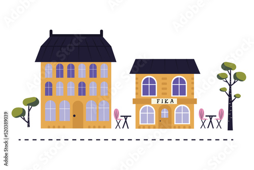 City street with modern house and Swedish cafeteria with tables outside, fresh coffee and pastry. Isolated on white vector illustration in flat style