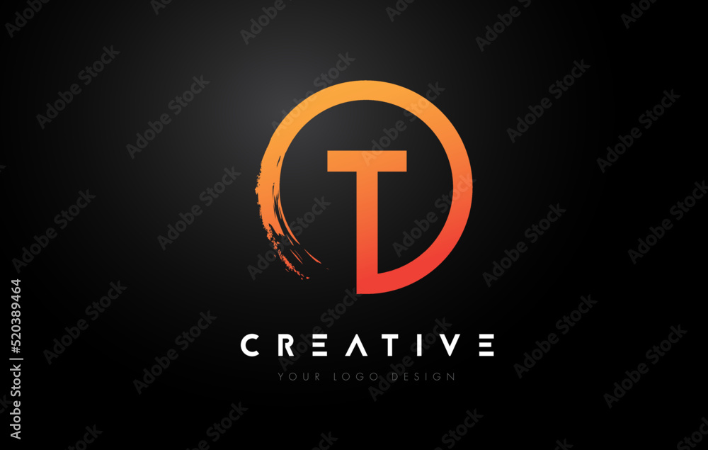 Orange T Circular Letter Logo with Circle Brush Design and Black Background. Orange T Circular Letter Logo with Circle Brush Design and Black Background.
