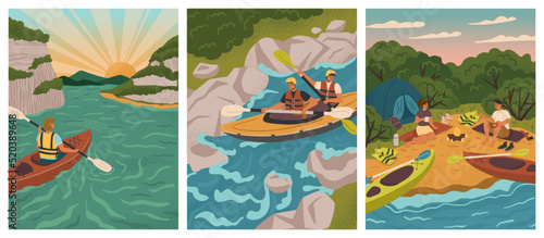 People on kayak rowing down to river. Water adventure sport vector posters set. Man and woman rafting, kayaking, canoeing, holding paddles. Camp with tent on lake beach