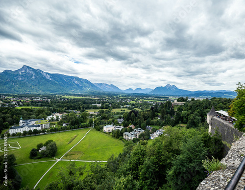 Diferents views of Salzburg skyline with Festung Hohensalzburg and Salzach river in summer, Salzburg, Salzburger Land, Austria photo