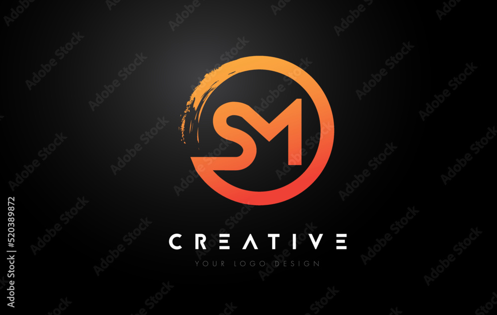Orange SM Circular Letter Logo with Circle Brush Design and Black Background. Orange SM Circular Letter Logo with Circle Brush Design and Black Background.