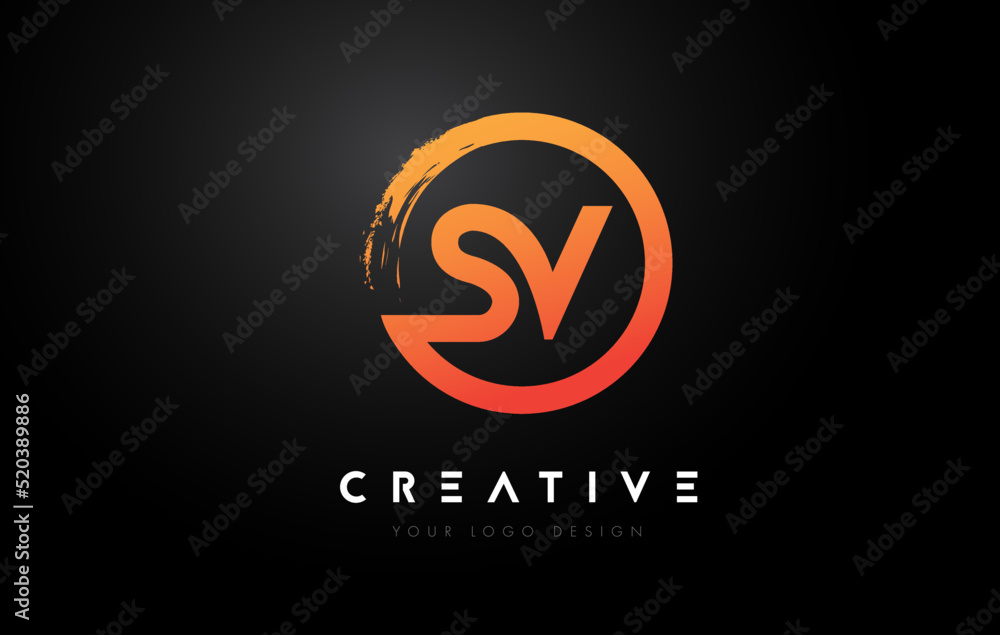 Orange SV Circular Letter Logo with Circle Brush Design and Black Background. Orange SV Circular Letter Logo with Circle Brush Design and Black Background.