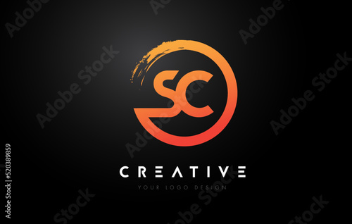 Orange SC Circular Letter Logo with Circle Brush Design and Black Background.