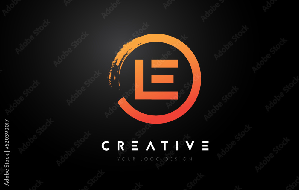 Orange LE Circular Letter Logo with Circle Brush Design and Black Background. Orange LE Circular Letter Logo with Circle Brush Design and Black Background.
