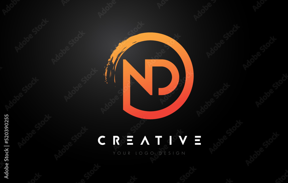 Orange ND Circular Letter Logo with Circle Brush Design and Black Background. Orange ND Circular Letter Logo with Circle Brush Design and Black Background.