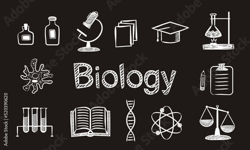 Set of chalk hand drawn Biological school icons. Pictograms of education objects, amoeba, plants, test tubes, experiments, Biology on blackboard. Vector illustration for school and education projects.