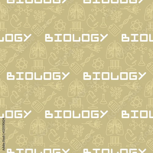 Seamless linear pattern with school biological elements. Pattern with education objects, amoeba, plants, test tubes, experiments. Vector background for Biology.
