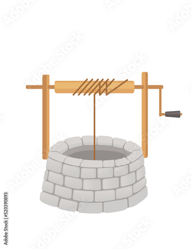 Stone well with rope medieval design vector illustration isolated on white background