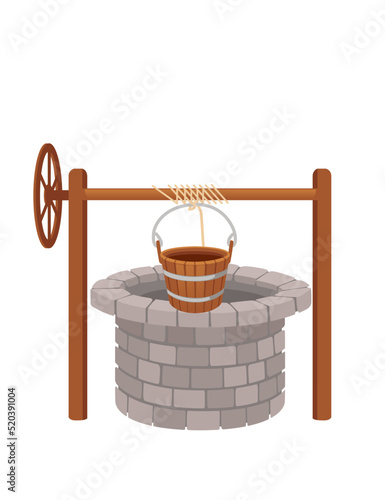 Stone well with rope and bucket medieval design vector illustration isolated on white background