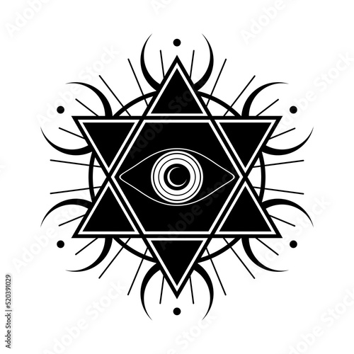 Eye with crescent moon in star six pointed witch magic tattoo black icon flat vector design.