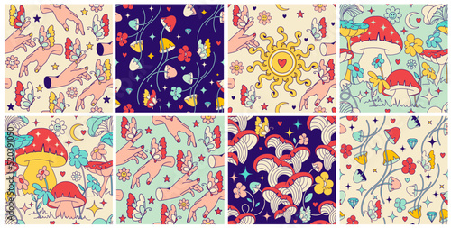 Vintage floral tricky groovy seamless patterns with sun, witchy mystical hands mushrooms: psilocybin, agaric. Retro set. Backdrop fabric design, witchcraft digital or wrapping paper