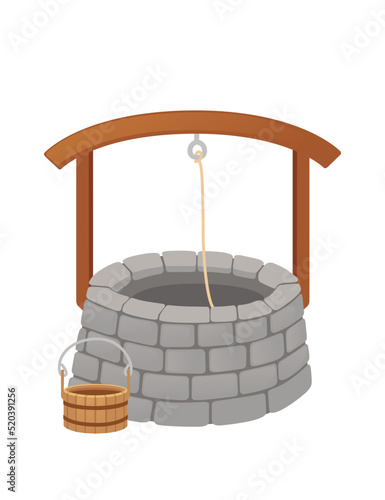 Stone well with rope and bucket medieval design vector illustration isolated on white background
