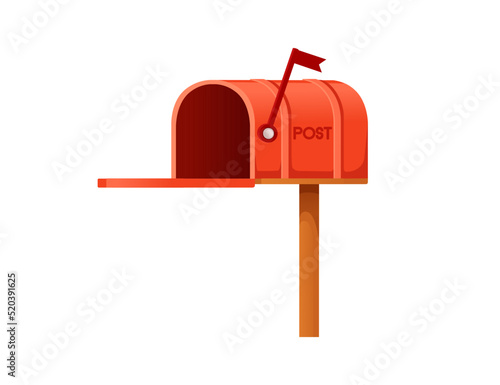 Red classic mailbox with open box and flag mailbox on stand vector illustration isolated on white background