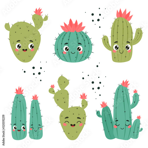 Cute cacti with happy face, cartoon vector collection