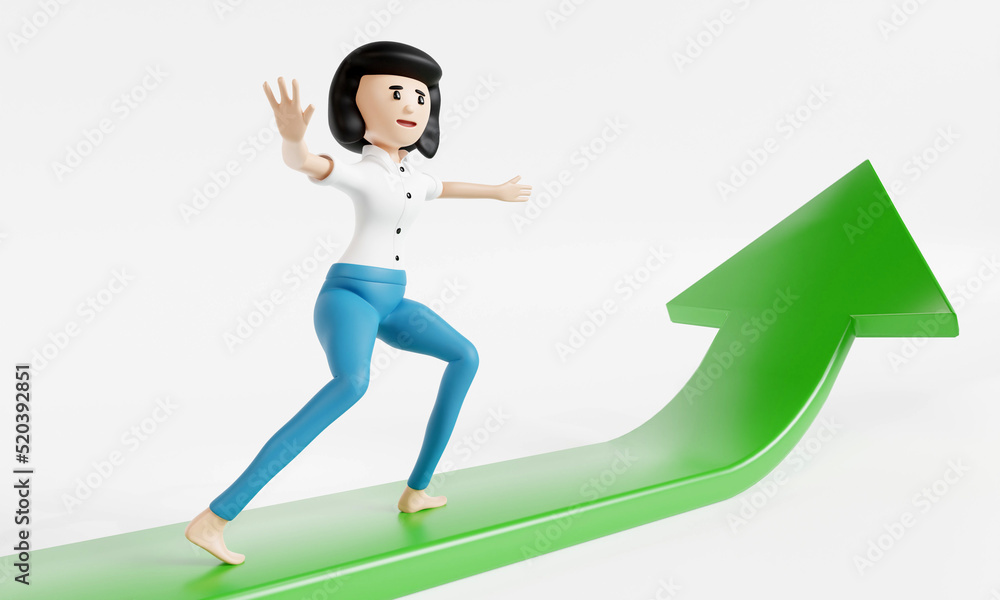 Cartoon character девушка goes to success. Concept of financial growth. 3d illustration. Cartoon character девушка goes to success. Concept of financial growth. 3d illustration.
