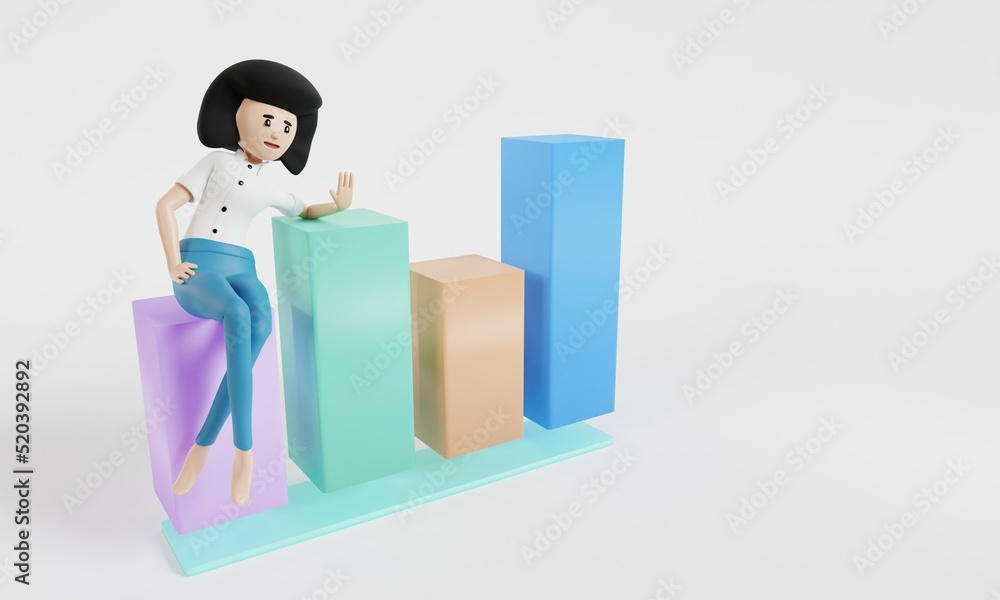 Cartoon character girl. Concept of financial growth. Finance analysis concept. 3d illustration. Cartoon character girl. Concept of financial growth. Finance analysis concept. 3d illustration.