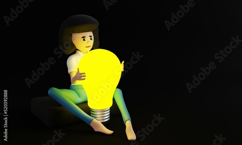 Cartoon businesswoman holding a big bulb. Concept of creativity. 3d illustration. photo