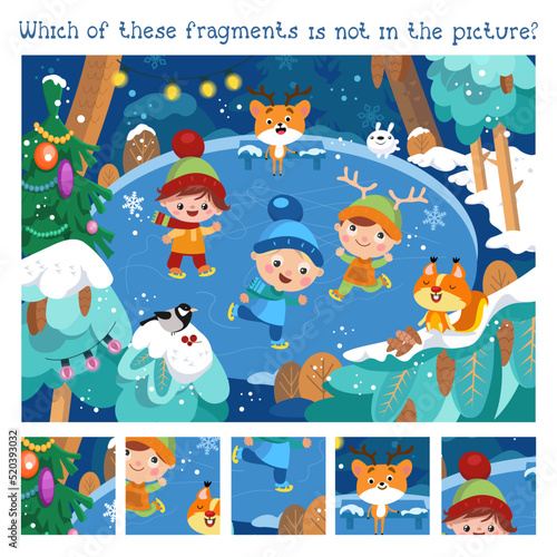 Find hidden fragments. Game for children. Cute boys and girl go ice skating in winter. Animal in forest. Winter scene in cartoon style. Vector illustration for books, puzzles.