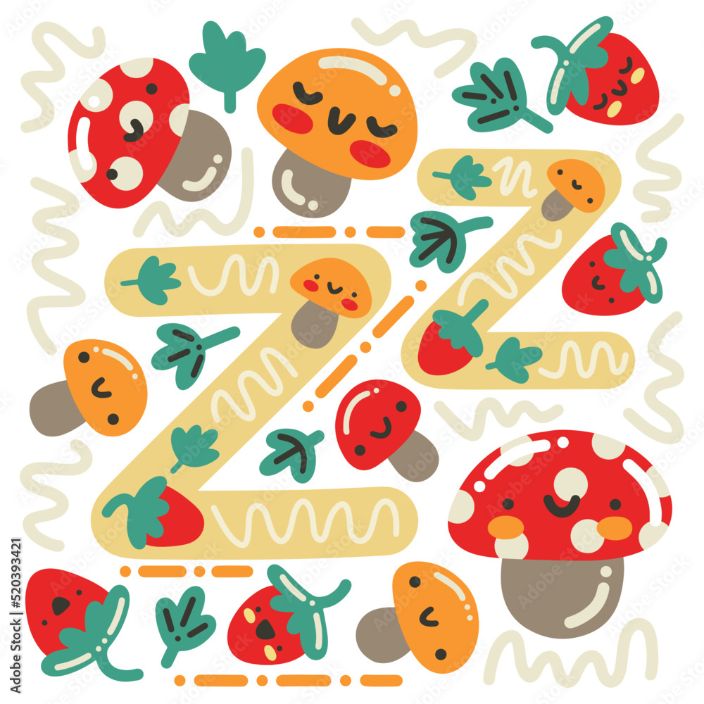 Naklejka premium Cute vector poster with alphabet English letter Z and cartoon kawaii doodles with mushrooms, strawberries and foliage for print, decor, study, school, textile, interior, cards