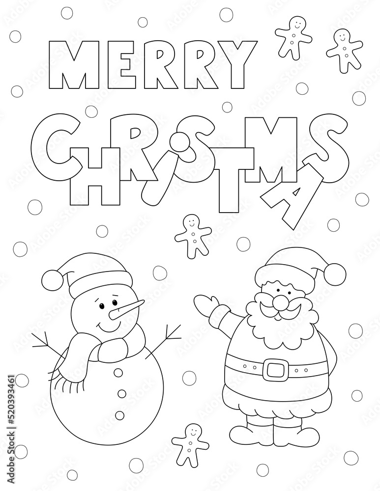 christmas coloring sheet design. cute santa claus, snowman and merry