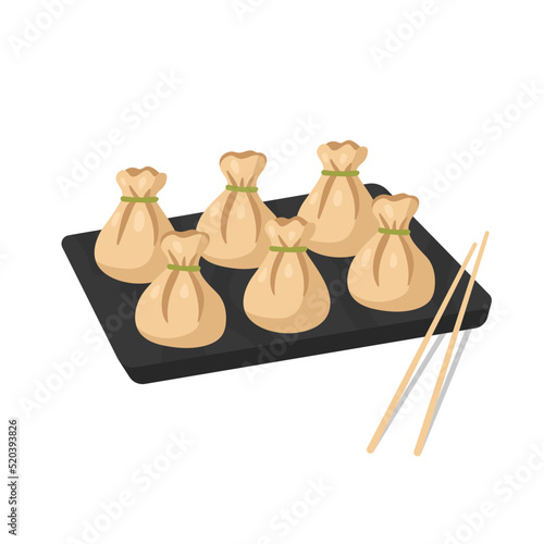 Chinese national dish wonton on plate isolated on white background. Flat illustration of Asian dumplings.
