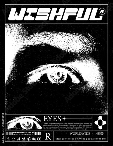 Retro futuristic poster with human eye. Print with noise, for streetwear, print for t-shirts and sweatshirts on a black background