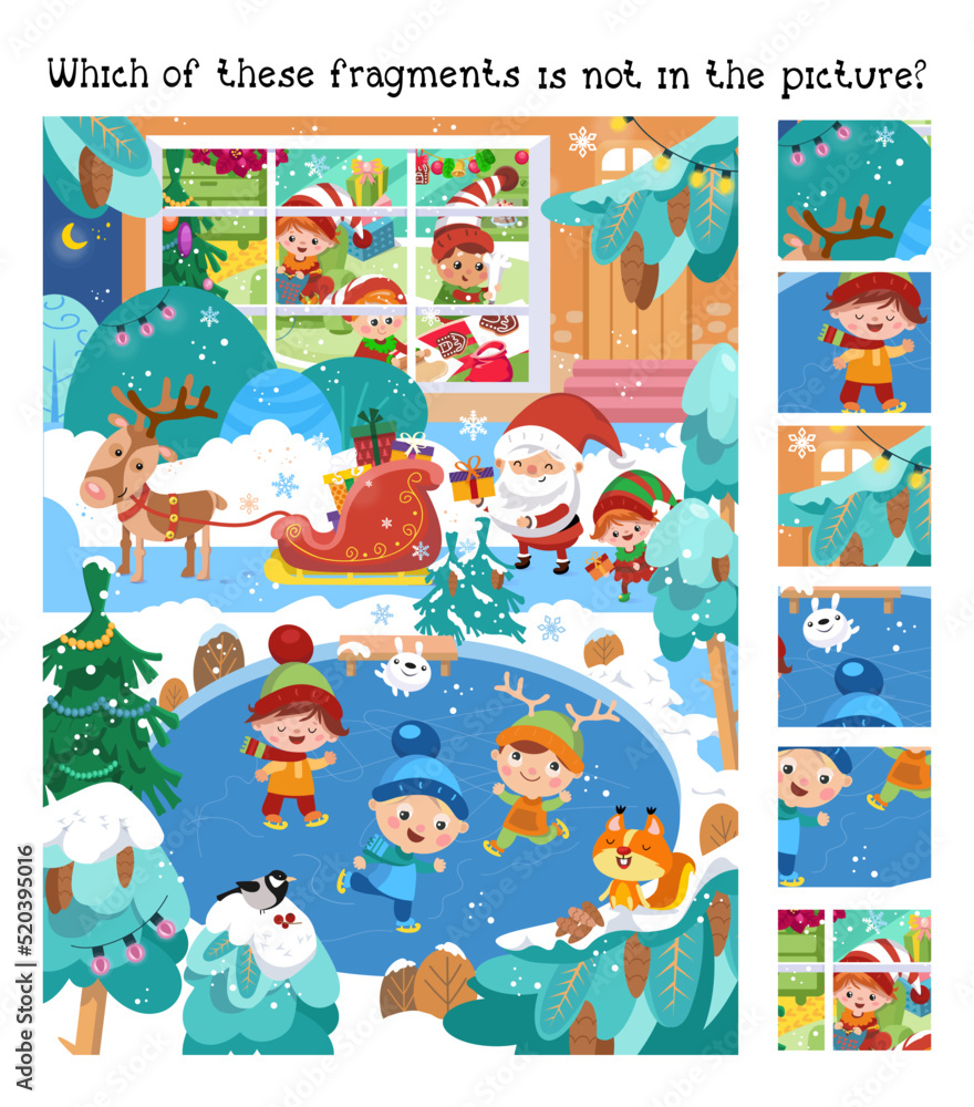 Fototapeta premium Find hidden fragments. Game for children. Cute Santa, deer, gnomes prepare for Christmas, boys and girls are skating in winter. Winter scene in cartoon style. Vector illustration.