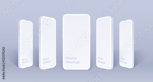 White phone mockup standing in row. Clay mobile smartphones set with blank screen isolated on purple background. 3d vector illustration mockup for app design presentation or media promo. 