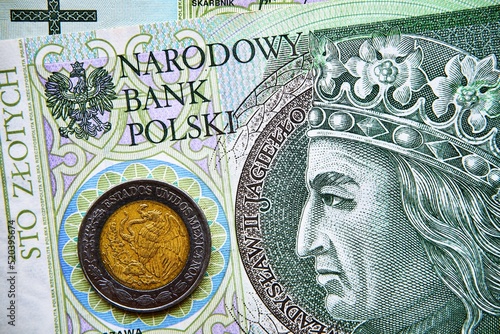 polski banknot,100 PLN, meksykańska moneta, Polish banknote, 100 PLN, Mexican coin