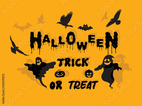 Halloween trick or treat card with boo bats and scary pumpkins.