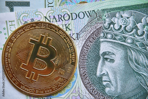 polski banknot,100 PLN, moneta bitcoin, Polish banknote, PLN 100, bitcoin coin