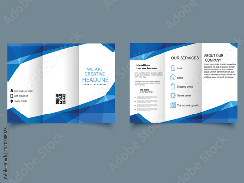 Business trifold brochure. Blue low poly background.