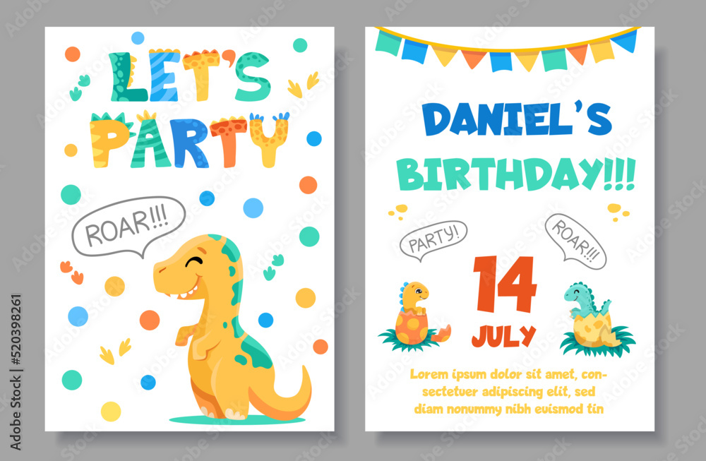 Dinosaurs kids birthday party invitation card template. Lets party poster with cute dinosaurs, space for text, date and roar lettering. Vector cartoon illustration for children