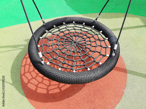 Aerial view of Trampoline in outdoor children's play zone area. Children's fun and entertainment. Play ground games.
