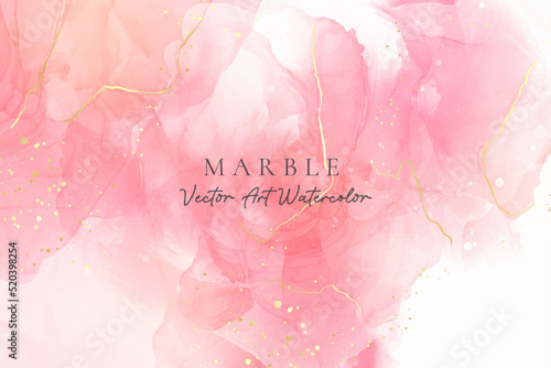 Rose pink liquid watercolor background with golden dots. Dusty blush marble alcohol ink drawing effect. Vector illustration design template for wedding invitation, menu, rsvp