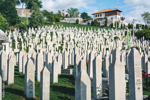 SARAJEVO, BOSNIA AND HERZEGOVINA - September 23, 2021: Muslim cemetery of Kovaci dedicated to the victims of the Bosnian war, in Sarajevo, Bosnia and Herzegovina.