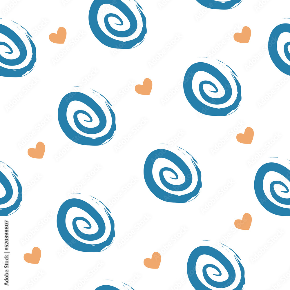 Abstract romantic vector seamless pattern with spirals and hearts.