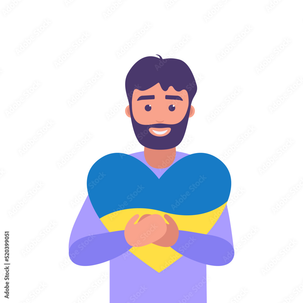 Ukrainian man holding heart of Ukraine. Yellow and blue flag. Vector illustration