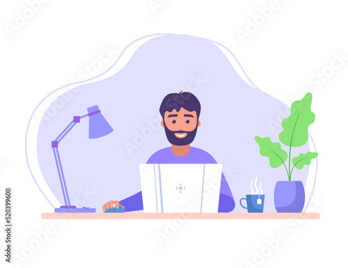 Man with laptop. Businessman working. Freelancer with laptop. Male charachter programming. Vector illustration
