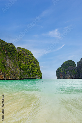 Blue sky with clear water at Maya bay in Phi Phi Island, popular destination of tourist in Krabi, Southern of Thailand.