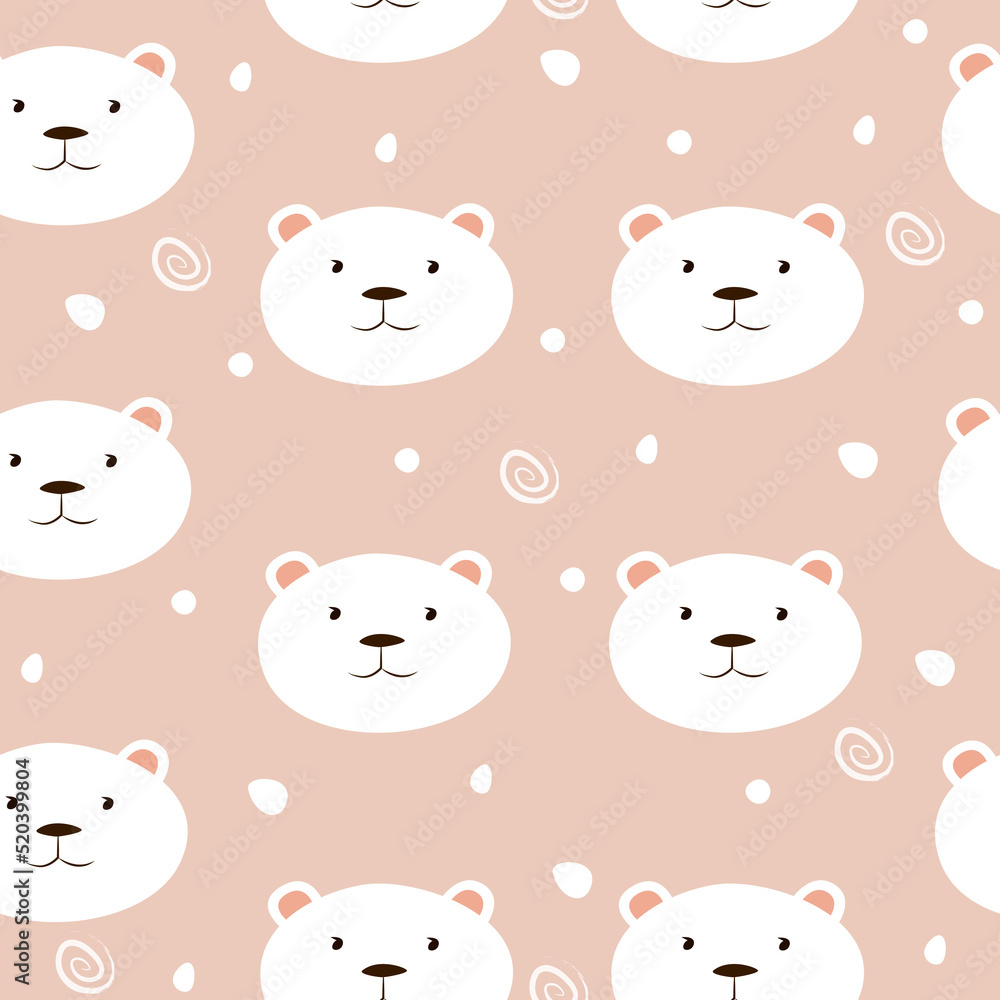 Animal cute vector seamless pattern with polar bears on pastel pink background. Print for nursery, wrapping paper, clothing, notebooks